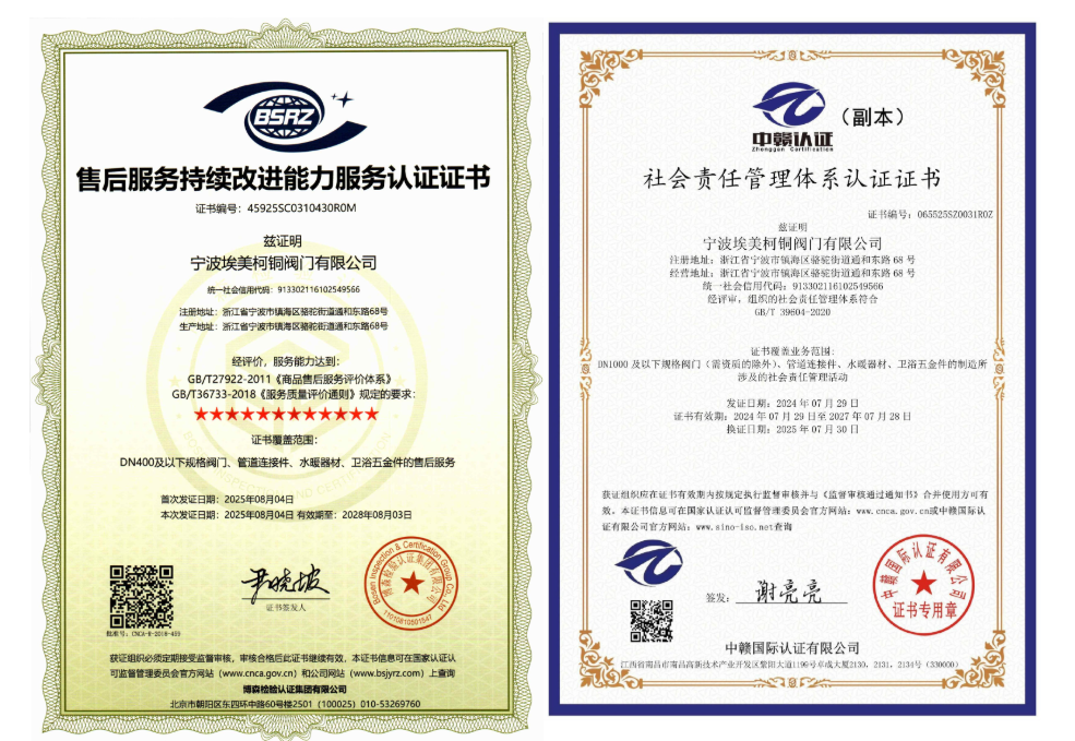 宁波埃美柯十二星服务管理体系证书